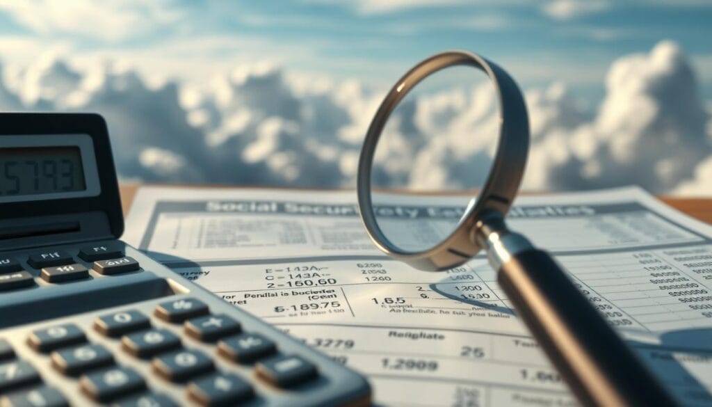 A detailed, meticulously rendered illustration of social security benefit calculations and cost-of-living adjustments (COLA). In the foreground, a calculator and financial documents depicting complex formulas and data tables. In the middle ground, a magnifying glass hovers over the documents, highlighting the intricate details. The background features a serene, cloud-filled sky, conveying the gravity and importance of these financial processes for senior citizens. The scene is illuminated by soft, directional lighting, casting subtle shadows and highlights to emphasize the technical precision. Captured with a shallow depth of field, creating a sense of focus and clarity on the central elements. A detailed, meticulously rendered illustration of social security benefit calculations and cost-of-living adjustments (COLA). In the foreground, a calculator and financial documents depicting complex formulas and data tables. In the middle ground, a magnifying glass hovers over the documents, highlighting the intricate details. The background features a serene, cloud-filled sky, conveying the gravity and importance of these financial processes for senior citizens. The scene is illuminated by soft, directional lighting, casting subtle shadows and highlights to emphasize the technical precision. Captured with a shallow depth of field, creating a sense of focus and clarity on the central elements.