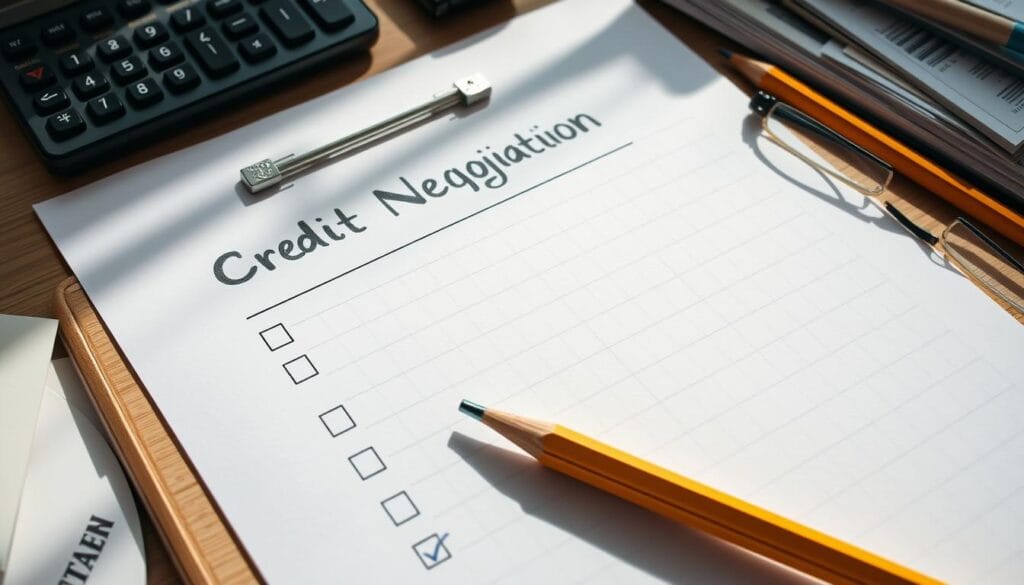 A detailed, neatly organized credit negotiation preparation checklist on a desk. The checklist is handwritten on a crisp, white sheet of paper with gridlines. Surrounding the checklist are carefully arranged office supplies - sharpened pencils, a calculator, a pair of reading glasses, and a stack of financial documents. The lighting is soft and natural, casting gentle shadows that add depth and dimension to the scene. The overall mood is one of focused productivity and attention to detail, reflecting the serious yet organized nature of the credit negotiation process. A detailed, neatly organized credit negotiation preparation checklist on a desk. The checklist is handwritten on a crisp, white sheet of paper with gridlines. Surrounding the checklist are carefully arranged office supplies - sharpened pencils, a calculator, a pair of reading glasses, and a stack of financial documents. The lighting is soft and natural, casting gentle shadows that add depth and dimension to the scene. The overall mood is one of focused productivity and attention to detail, reflecting the serious yet organized nature of the credit negotiation process.