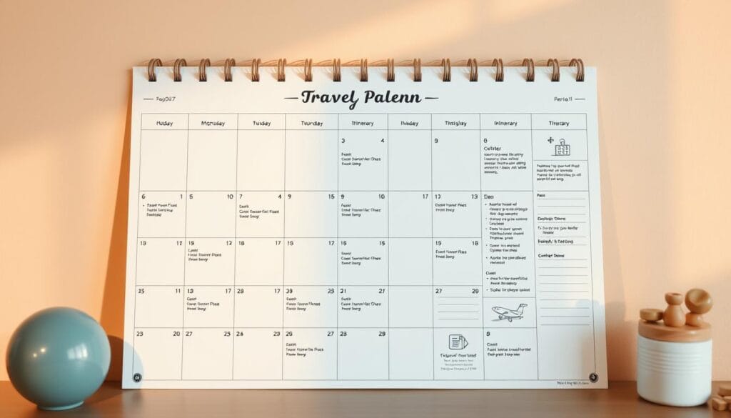 A detailed, neatly organized travel planning calendar against a soft, pastel-hued background. The calendar features distinct sections for important dates, budgeting, and itinerary planning, with elegant icons and minimal typography. Warm, natural lighting illuminates the scene, creating a serene, inviting atmosphere. Subtle textures and a clean, modern layout contribute to an overall sense of organization and efficiency, perfectly suited for senior travelers seeking to plan affordable yet fulfilling vacations. A detailed, neatly organized travel planning calendar against a soft, pastel-hued background. The calendar features distinct sections for important dates, budgeting, and itinerary planning, with elegant icons and minimal typography. Warm, natural lighting illuminates the scene, creating a serene, inviting atmosphere. Subtle textures and a clean, modern layout contribute to an overall sense of organization and efficiency, perfectly suited for senior travelers seeking to plan affordable yet fulfilling vacations.