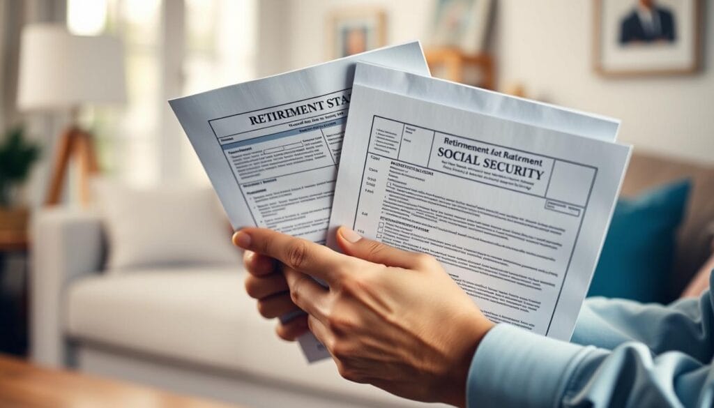 A detailed, photorealistic image of a person's hands holding retirement documents, including tax forms and Social Security statements, against a blurred background of a comfortable home interior. The scene is well-lit, with soft, directional lighting illuminating the documents and hands. The composition emphasizes the importance of carefully managing RMDs and Social Security timing, conveying a sense of diligence and financial responsibility. The mood is calm and focused, reflecting the thoughtful planning required for a secure retirement.