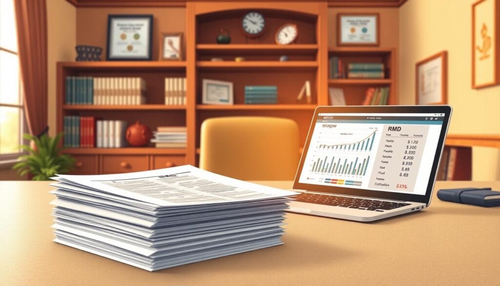 A detailed, realistic illustration of a 403(b) retirement plan's required minimum distribution (RMD) in a warm, authoritative style. The foreground depicts a neatly organized stack of financial documents, including a 403(b) statement and withdrawal forms, set against a neutral desk surface. The middle ground showcases a modern laptop displaying calculations and graphs related to RMD calculations. The background features a tasteful, wood-paneled office setting with bookshelves and framed financial certifications, conveying a sense of financial expertise and responsibility. Soft, directional lighting from a window casts a gentle glow, creating a calm, professional atmosphere. A detailed, realistic illustration of a 403(b) retirement plan's required minimum distribution (RMD) in a warm, authoritative style. The foreground depicts a neatly organized stack of financial documents, including a 403(b) statement and withdrawal forms, set against a neutral desk surface. The middle ground showcases a modern laptop displaying calculations and graphs related to RMD calculations. The background features a tasteful, wood-paneled office setting with bookshelves and framed financial certifications, conveying a sense of financial expertise and responsibility. Soft, directional lighting from a window casts a gentle glow, creating a calm, professional atmosphere.