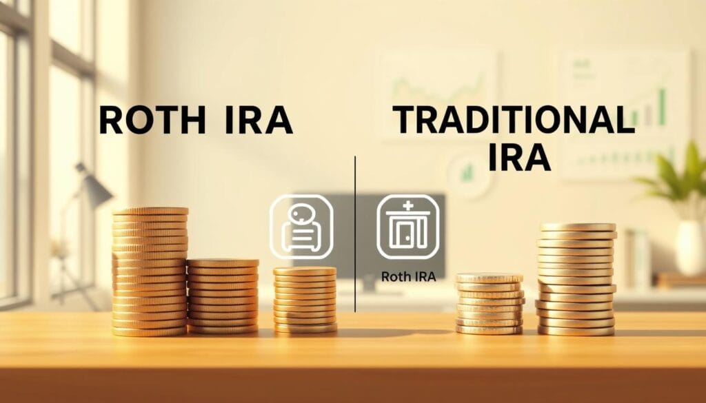 A detailed side-by-side comparison of a Roth IRA and a Traditional IRA, captured in a realistic illustration. In the foreground, two stacks of coins represent the financial assets in each account type, with the Roth IRA stack slightly larger to convey its long-term growth potential. In the middle ground, two icons - one for a Roth IRA, one for a Traditional IRA - clearly delineate the key differences, such as tax treatment of contributions and withdrawals. The background features a clean, minimalist office setting with financial charts and graphs, evoking the informed decision-making context. Warm, natural lighting bathes the scene, creating a sense of clarity and thoughtfulness. The overall composition is balanced, visually appealing, and effectively communicates the core comparison between these two retirement savings vehicles.