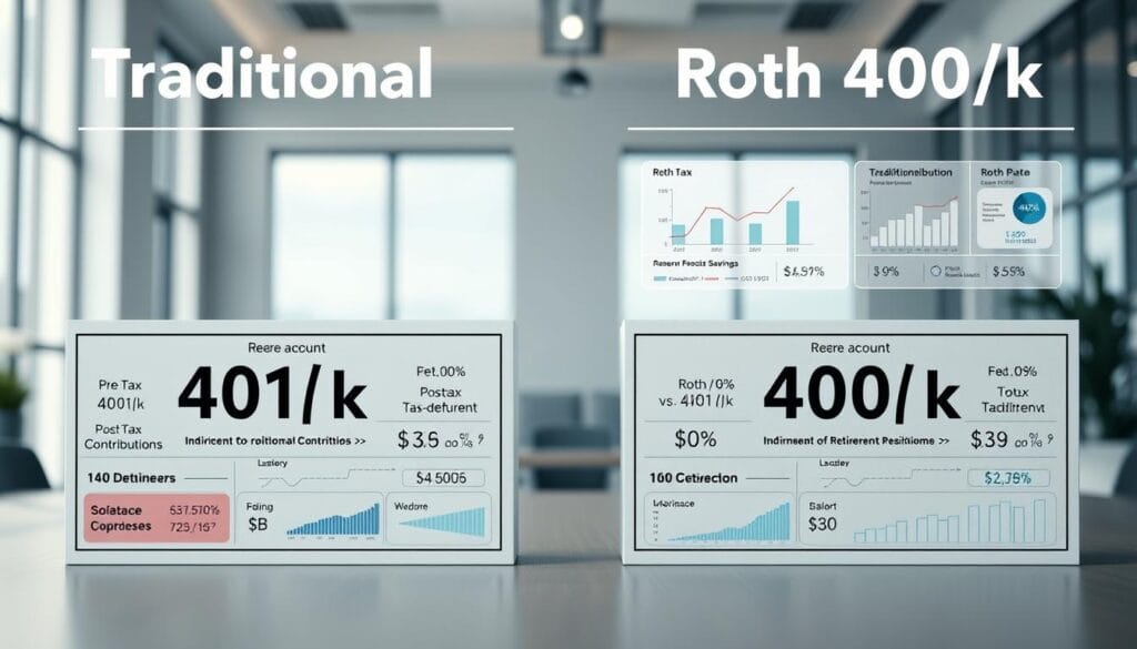 A detailed side-by-side comparison of a traditional 401(k) and a Roth 401(k) retirement account. The foreground shows the two accounts with clear labeling and visual indicators highlighting key differences such as pre-tax vs. post-tax contributions, tax-deferred growth, and tax-free withdrawals. The middle ground features financial graphs, charts, and data visualizations to illustrate the impact of these differences on retirement savings over time. The background has a clean, professional office setting with subtle lighting from large windows, conveying a sense of informed financial planning. The overall mood is informative, data-driven, and designed to educate older adults on the nuances of these two popular 401(k) options.