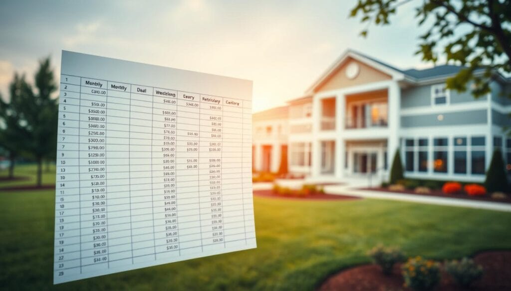 A detailed spreadsheet with monthly fees neatly organized, against a backdrop of a serene retirement community. The spreadsheet hovers in the foreground, its columns and rows meticulously arranged, conveying a sense of financial responsibility. In the middle ground, a well-manicured lawn and landscaping, suggesting the tranquil setting of a continuing care retirement community. In the distance, a modern, yet inviting architectural facade, hinting at the larger context of this financial decision. Warm, diffused lighting casts a gentle glow, creating an atmosphere of thoughtful contemplation. The overall scene emphasizes the importance of understanding the full scope of monthly expenses when considering a major life transition.