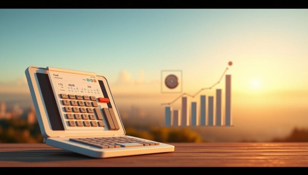 A detailed, three-dimensional illustration of a retirement planning tool, such as a financial calculator or a graph depicting savings growth over time. The foreground should feature the tool itself, with clear, intuitive controls and a clean, modern interface. The middle ground should include visual representations of retirement assets, such as a bar chart of investment portfolios or a pie chart of income sources. The background should convey a sense of financial security and stability, with a softly blurred cityscape or a serene landscape in the distance, bathed in warm, golden lighting to evoke a feeling of calm and preparedness for the future.
