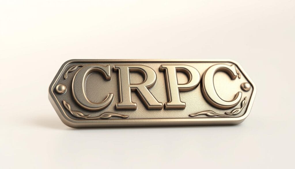 A detailed, three-dimensional render of the "CRPC" designation, depicted as a finely crafted metal badge or medallion. The badge has a polished, metallic surface with intricate engraved lettering and design elements. Soft, directional lighting casts subtle shadows, accentuating the dimensional details. The badge is positioned against a neutral, blurred background, allowing the designation to be the central focus. The overall image conveys a sense of prestige, professionalism, and the importance of the CRPC credential. A detailed, three-dimensional render of the "CRPC" designation, depicted as a finely crafted metal badge or medallion. The badge has a polished, metallic surface with intricate engraved lettering and design elements. Soft, directional lighting casts subtle shadows, accentuating the dimensional details. The badge is positioned against a neutral, blurred background, allowing the designation to be the central focus. The overall image conveys a sense of prestige, professionalism, and the importance of the CRPC credential.