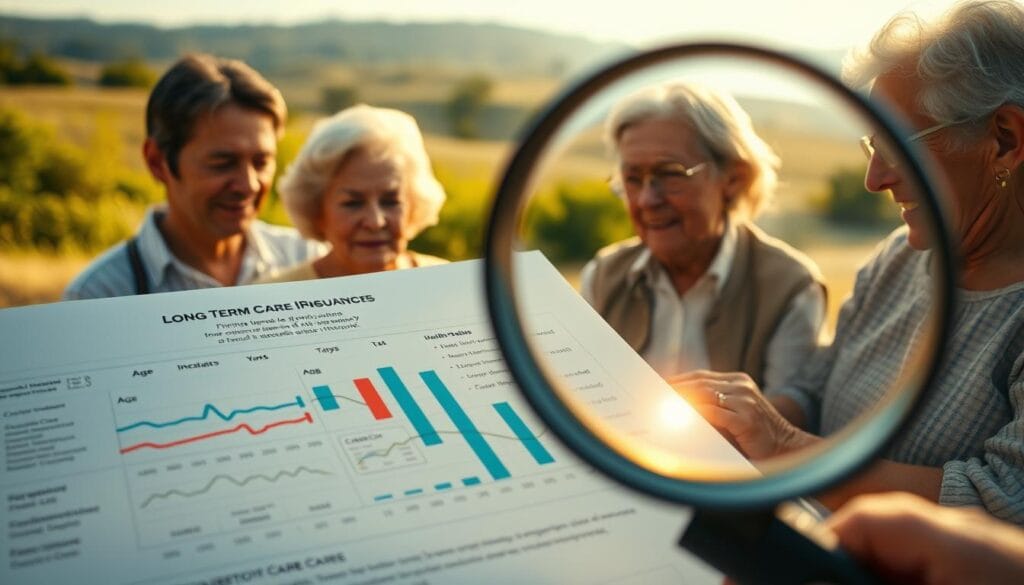 A detailed visualization of the key cost factors influencing long-term care insurance premiums. In the foreground, a magnifying glass hovers over a meticulously rendered medical chart, highlighting crucial data points such as age, health status, and projected care needs. In the middle ground, a trio of senior citizens engage in various activities, their expressions conveying the importance of this coverage. The background depicts a serene, sun-dappled landscape, symbolizing the peace of mind that comprehensive long-term care insurance can provide. Soft, diffused lighting and a warm color palette evoke a sense of security and trust. Captured through a wide-angle lens, the composition emphasizes the interconnectedness of these critical elements in determining the cost of long-term care insurance.