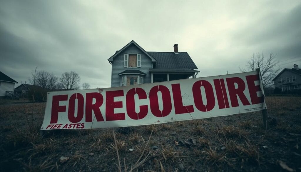A dilapidated house, its windows boarded up, stands alone on a barren lot. Weeds and debris litter the unkempt lawn, conveying a sense of neglect and abandonment. The faded "Foreclosure" sign, its bold red letters peeling, casts a somber shadow over the scene. The sky above is overcast, with muted shades of gray, mirroring the bleak and melancholic atmosphere. A wide-angle lens captures the full extent of the desolation, emphasizing the isolation and despair of the forsaken property. The image evokes a sense of loss, financial hardship, and the harsh realities of the housing crisis.