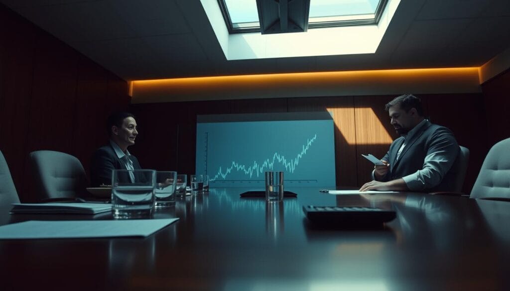 A dimly-lit boardroom table, its surface reflecting the soft glow of a flickering graph projected onto the wall. On the table, financial documents and a calculator sit alongside a glass of water, evoking a sense of contemplation and analysis. Overhead, a skylight allows a sliver of natural light to stream in, casting subtle shadows that accentuate the gravity of the moment. The room's atmosphere is one of careful consideration, as a team of financial experts pores over the nuances of interest rate risk management, their expressions intense yet measured, determined to navigate the complexities of this critical component of investment strategy.