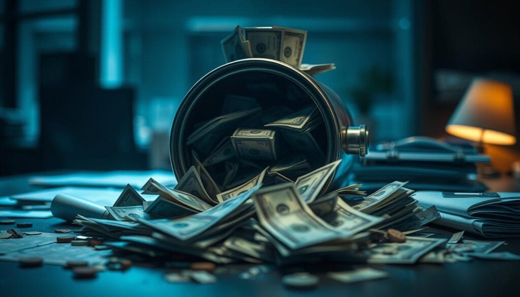 A dimly lit emergency savings account, cash spilling out haphazardly, a stack of bills and documents scattered amidst the disarray. The backdrop is a blurred, anxiety-inducing office setting, hinting at the unexpected financial crisis that has triggered this unplanned withdrawal. Harsh shadows and a muted color palette convey a sense of urgency and unease. The composition is off-center, creating an unsettled, unbalanced feel. The viewer is drawn into the scene, compelled to imagine the stress and uncertainty of this unforeseeable situation.