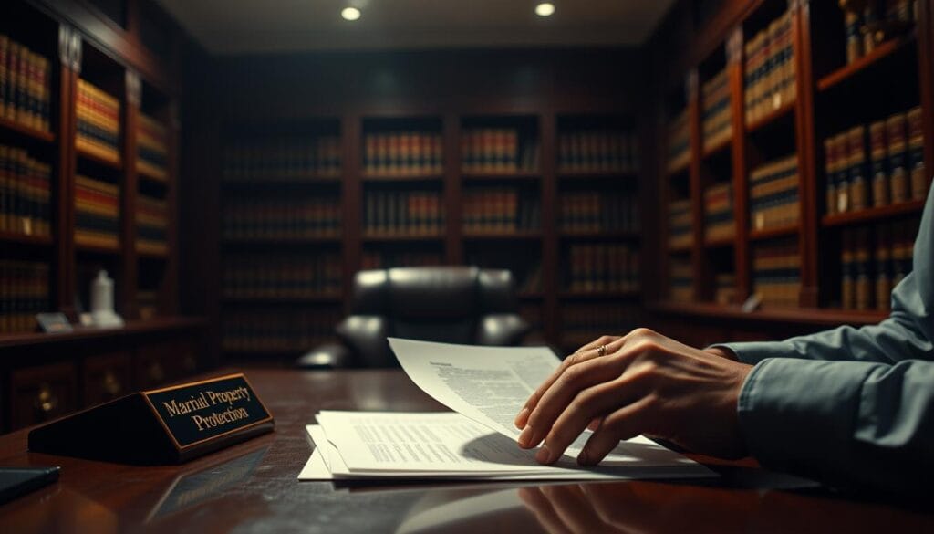 A dimly lit legal office, with a wooden desk and mahogany shelves filled with law books. On the desk, a stack of legal documents and a nameplate that reads "Marital Property Protection." In the foreground, a pair of hands carefully examining the documents, their expression serious and focused. Soft, warm lighting casts a subtle glow, conveying a sense of professionalism and expertise. The background is blurred, creating a sense of depth and emphasizing the importance of the legal matter at hand. The overall atmosphere is one of diligence, care, and the protection of assets in a marital context.