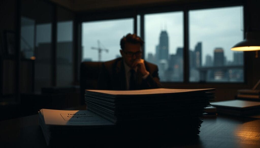 A dimly lit office scene, with a businessman sitting at a desk, deep in thought. The room is filled with a sense of anticipation and financial uncertainty. In the foreground, a stack of documents labeled "Deferred Compensation" sits on the desk, casting a subtle glow. The middle ground features a window overlooking a bustling city skyline, hinting at the broader financial landscape. The background is softly blurred, creating a sense of focus on the central subject. The lighting is warm and muted, creating a contemplative atmosphere. The overall composition conveys the complexities and potential implications of navigating a non-qualified retirement plan. A dimly lit office scene, with a businessman sitting at a desk, deep in thought. The room is filled with a sense of anticipation and financial uncertainty. In the foreground, a stack of documents labeled "Deferred Compensation" sits on the desk, casting a subtle glow. The middle ground features a window overlooking a bustling city skyline, hinting at the broader financial landscape. The background is softly blurred, creating a sense of focus on the central subject. The lighting is warm and muted, creating a contemplative atmosphere. The overall composition conveys the complexities and potential implications of navigating a non-qualified retirement plan.