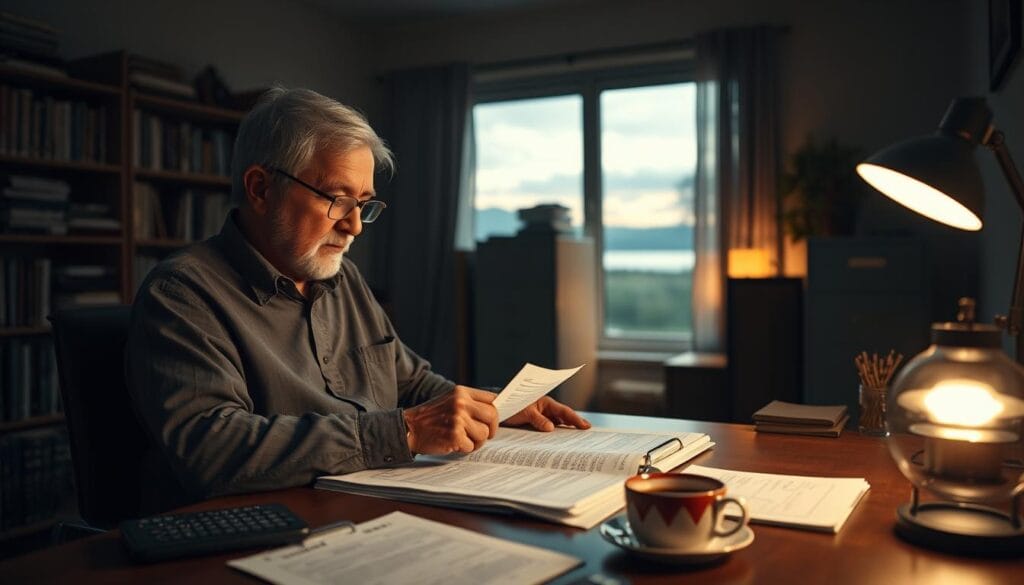 A dimly lit office scene, with a senior adult sitting at a desk, poring over financial documents. The foreground features a calculator, a cup of coffee, and a 403(b) statement. The middle ground showcases shelves of books and file cabinets, evoking a sense of financial responsibility. The background is softly blurred, with a window overlooking a serene, natural landscape, suggesting the need for balance and tranquility during the withdrawal process. Warm lighting from a desk lamp casts a gentle glow, creating an atmosphere of contemplation and concentration. The scene conveys the weight of financial decisions and the importance of carefully navigating the 403(b) retirement plan withdrawals, penalties, and loans. A dimly lit office scene, with a senior adult sitting at a desk, poring over financial documents. The foreground features a calculator, a cup of coffee, and a 403(b) statement. The middle ground showcases shelves of books and file cabinets, evoking a sense of financial responsibility. The background is softly blurred, with a window overlooking a serene, natural landscape, suggesting the need for balance and tranquility during the withdrawal process. Warm lighting from a desk lamp casts a gentle glow, creating an atmosphere of contemplation and concentration. The scene conveys the weight of financial decisions and the importance of carefully navigating the 403(b) retirement plan withdrawals, penalties, and loans.