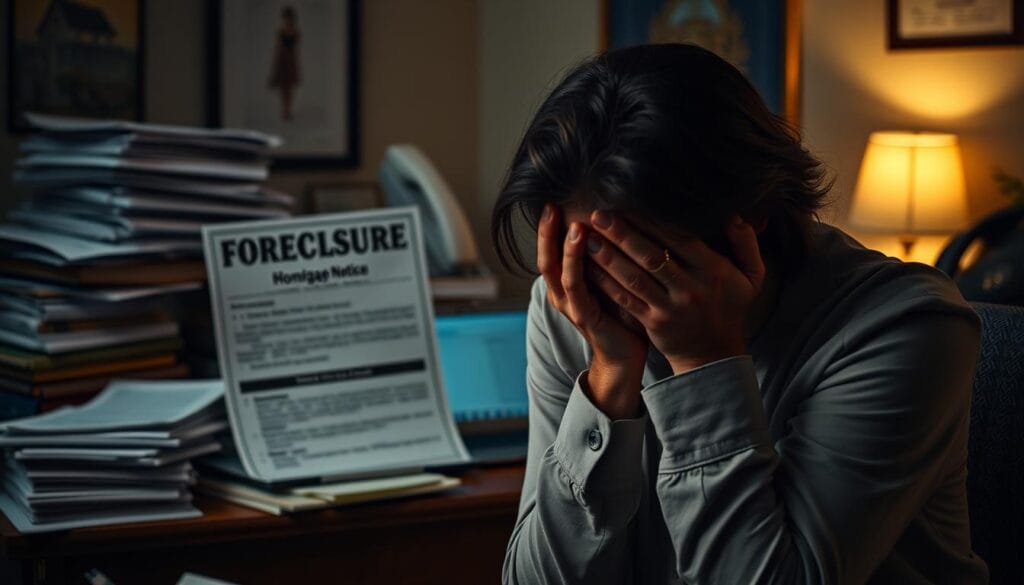 A dimly lit office with a cluttered desk, a foreclosure notice prominently displayed. In the foreground, a dejected homeowner holds their head in their hands, the weight of financial turmoil etched on their face. The background features stacks of paperwork, a laptop, and a telephone, symbolic of the complex mortgage default process. Soft, warm lighting casts shadows, creating a somber, contemplative atmosphere. The scene conveys the emotional toll and the daunting bureaucratic challenges faced by those navigating the reality of mortgage default. A dimly lit office with a cluttered desk, a foreclosure notice prominently displayed. In the foreground, a dejected homeowner holds their head in their hands, the weight of financial turmoil etched on their face. The background features stacks of paperwork, a laptop, and a telephone, symbolic of the complex mortgage default process. Soft, warm lighting casts shadows, creating a somber, contemplative atmosphere. The scene conveys the emotional toll and the daunting bureaucratic challenges faced by those navigating the reality of mortgage default.