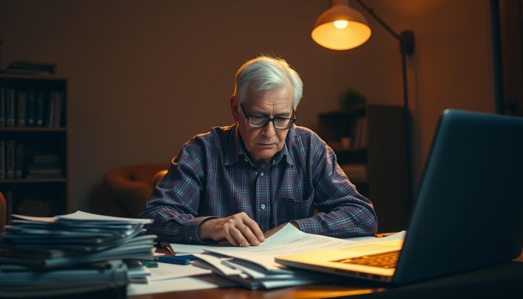 A dimly lit room, the air heavy with a sense of uncertainty. In the foreground, a weary retiree sits at a desk, brow furrowed as they pore over financial documents. Surrounding them, stacks of papers and a laptop, symbols of the complex withdrawal and distribution rules governing their 457(b) retirement plan. The scene is bathed in a warm, amber light, casting long shadows that speak to the gravity of the decisions at hand. The retiree's expression conveys a mix of concern and determination, their gaze fixed on the task before them, seeking to navigate the intricacies of income tax, timing, and potential penalties. The overall atmosphere suggests the weight of the moment, the retiree's future financial security hanging in the balance. A dimly lit room, the air heavy with a sense of uncertainty. In the foreground, a weary retiree sits at a desk, brow furrowed as they pore over financial documents. Surrounding them, stacks of papers and a laptop, symbols of the complex withdrawal and distribution rules governing their 457(b) retirement plan. The scene is bathed in a warm, amber light, casting long shadows that speak to the gravity of the decisions at hand. The retiree's expression conveys a mix of concern and determination, their gaze fixed on the task before them, seeking to navigate the intricacies of income tax, timing, and potential penalties. The overall atmosphere suggests the weight of the moment, the retiree's future financial security hanging in the balance.