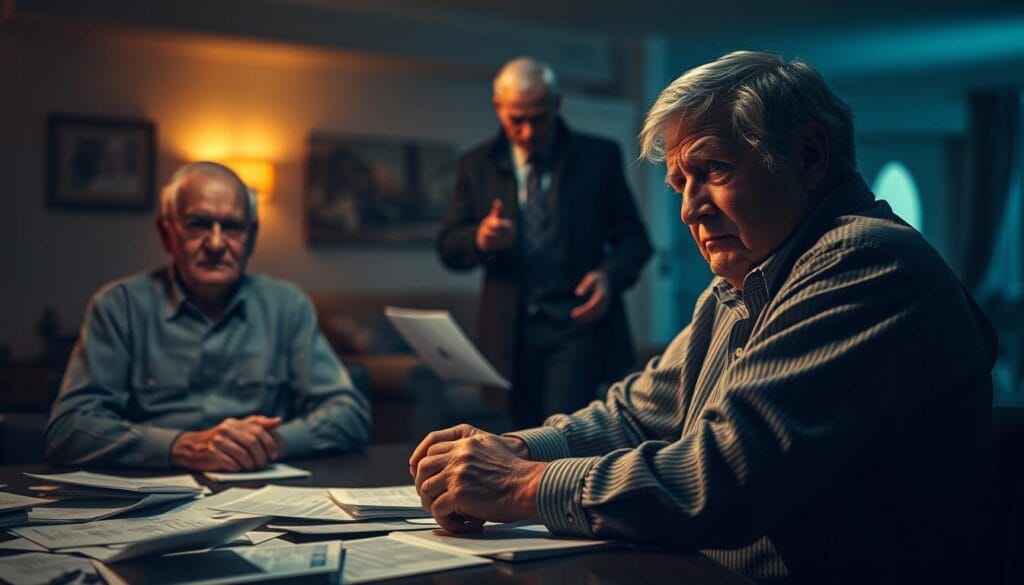 A dimly lit room, the air thick with an unsettling atmosphere. In the foreground, an elderly couple sits at a table, their expressions cautious and mistrustful, surrounded by a tangle of official-looking documents and flyers. The middle ground reveals a shadowy figure, a smooth-talking scammer, gesturing persuasively as he leans in, promising financial security and easy returns. The background is blurred, but suggests a sense of isolation, with the couple's home fading into the distance, leaving them vulnerable and alone. The lighting is harsh, creating deep shadows that add to the sense of unease and danger. The overall scene conveys the predatory nature of retirement scams, highlighting the importance of vigilance and caution for older adults. A dimly lit room, the air thick with an unsettling atmosphere. In the foreground, an elderly couple sits at a table, their expressions cautious and mistrustful, surrounded by a tangle of official-looking documents and flyers. The middle ground reveals a shadowy figure, a smooth-talking scammer, gesturing persuasively as he leans in, promising financial security and easy returns. The background is blurred, but suggests a sense of isolation, with the couple's home fading into the distance, leaving them vulnerable and alone. The lighting is harsh, creating deep shadows that add to the sense of unease and danger. The overall scene conveys the predatory nature of retirement scams, highlighting the importance of vigilance and caution for older adults.