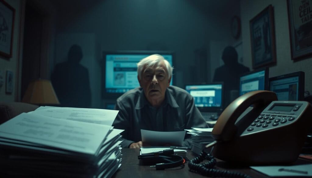 A dimly lit room, the air thick with tension. In the foreground, a stack of envelopes and a ringing telephone, evoking the unsettling world of prize and lottery scams. The middle ground features an elderly person, their face etched with worry, surrounded by a maze of paperwork and a computer screen displaying questionable offers. In the background, shadows of suspicious figures loom, hinting at the predatory nature of these financial schemes. The lighting is low-key, creating a sense of unease and the lens captures the scene from a slightly low angle, emphasizing the vulnerability of the victim. The overall atmosphere is one of deceit, manipulation, and the exploitation of the unwary. A dimly lit room, the air thick with tension. In the foreground, a stack of envelopes and a ringing telephone, evoking the unsettling world of prize and lottery scams. The middle ground features an elderly person, their face etched with worry, surrounded by a maze of paperwork and a computer screen displaying questionable offers. In the background, shadows of suspicious figures loom, hinting at the predatory nature of these financial schemes. The lighting is low-key, creating a sense of unease and the lens captures the scene from a slightly low angle, emphasizing the vulnerability of the victim. The overall atmosphere is one of deceit, manipulation, and the exploitation of the unwary.
