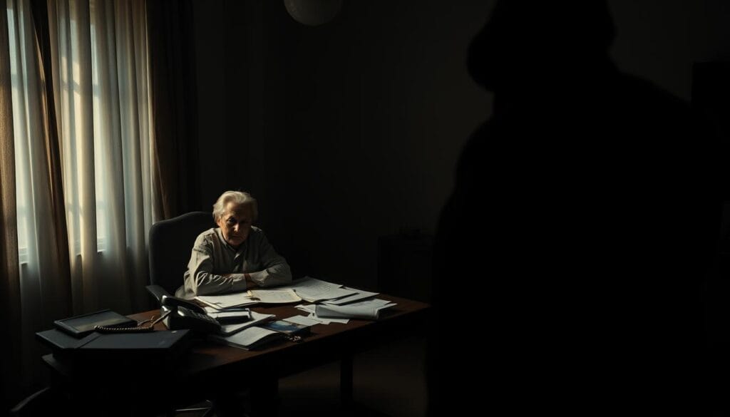 A dimly lit room, the curtains drawn, casting long shadows across the floor. An elderly person, their face etched with worry, sits at a cluttered desk, surrounded by scattered documents and a ringing phone. In the foreground, the silhouette of a sinister figure, lurking in the darkness, represents the insidious nature of financial scams targeting the vulnerable. The lighting is stark, emphasizing the sense of unease and the stark contrast between the innocent victim and the predatory scammer. The composition conveys the growing threat of exploitation faced by older adults, their trust betrayed by those who seek to profit from their diminished capacities. A dimly lit room, the curtains drawn, casting long shadows across the floor. An elderly person, their face etched with worry, sits at a cluttered desk, surrounded by scattered documents and a ringing phone. In the foreground, the silhouette of a sinister figure, lurking in the darkness, represents the insidious nature of financial scams targeting the vulnerable. The lighting is stark, emphasizing the sense of unease and the stark contrast between the innocent victim and the predatory scammer. The composition conveys the growing threat of exploitation faced by older adults, their trust betrayed by those who seek to profit from their diminished capacities.