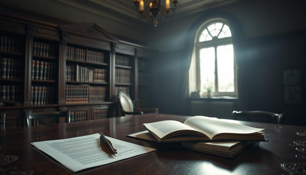 A dimly lit room with an ornate mahogany desk in the foreground, a large window behind it casting soft, natural light. On the desk, a quill pen, an open leather-bound book, and a stack of important-looking documents. In the middle ground, bookshelves line the walls, filled with volumes on estate planning, wills, and inheritance laws. The background is hazy, with a sense of quiet contemplation and serious deliberation. The overall atmosphere is one of thoughtful, meticulous attention to detail, as if the viewer is witnessing the careful, methodical process of creating a comprehensive will.