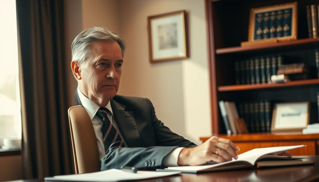 A distinguished-looking financial advisor, dressed in a sharp suit, sits at a polished wooden desk, deep in thought. The office is bathed in warm, soft lighting, creating a professional yet inviting atmosphere. The advisor's face exudes a serene confidence, conveying a sense of expertise and trustworthiness. In the background, a bookshelf filled with financial volumes and a framed diploma add to the air of authority. The scene radiates a feeling of stability, reliability, and a commitment to guiding clients towards financial success.