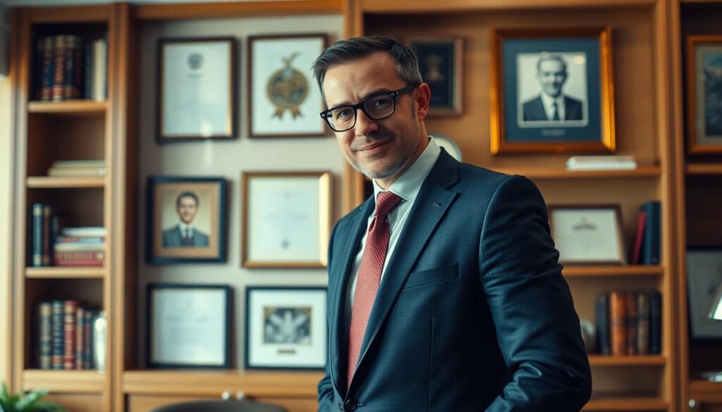A distinguished man in a tailored suit standing confidently in a modern, well-appointed office. Warm, focused lighting highlights his friendly, approachable demeanor as he leans forward, engaged in a thoughtful discussion with a client. The room's decor exudes a sense of professionalism and trustworthiness, with bookshelves, diplomas, and tasteful artwork creating an atmosphere of expertise and personal care. The angle captures the financial advisor's direct gaze, conveying a sincere and attentive presence, ready to provide personalized guidance and solutions.