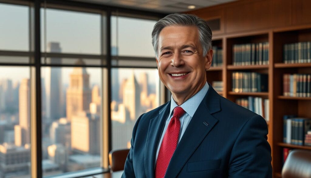 A distinguished middle-aged man in a sharp, navy blue suit and red tie, standing confidently in a well-appointed office. His expression is warm and professional, conveying expertise and trustworthiness. The background features a wooden desk, shelves filled with finance-related books, and a large window overlooking a bustling city skyline bathed in golden afternoon light. The scene evokes a sense of competence, stability, and financial acumen suitable for an Edward Jones financial advisor.