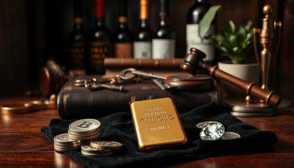 A diverse array of alternative investment objects arranged in a sophisticated still life composition. In the foreground, a gleaming gold bullion bar, a stack of silver coins, and a sparkling diamond resting on a black velvet cloth. In the middle ground, a classic leather-bound book, a set of vintage keys, and a wooden gavel sit atop a mahogany table. In the background, a row of wine bottles, a brass telescope, and a potted plant create a sense of depth and luxury. Soft, dramatic lighting casts deep shadows, accentuating the textures and shapes of the various financial instruments. The overall mood is one of refined sophistication, hinting at the potential for alternative investments to enhance a balanced retirement portfolio. A diverse array of alternative investment objects arranged in a sophisticated still life composition. In the foreground, a gleaming gold bullion bar, a stack of silver coins, and a sparkling diamond resting on a black velvet cloth. In the middle ground, a classic leather-bound book, a set of vintage keys, and a wooden gavel sit atop a mahogany table. In the background, a row of wine bottles, a brass telescope, and a potted plant create a sense of depth and luxury. Soft, dramatic lighting casts deep shadows, accentuating the textures and shapes of the various financial instruments. The overall mood is one of refined sophistication, hinting at the potential for alternative investments to enhance a balanced retirement portfolio.