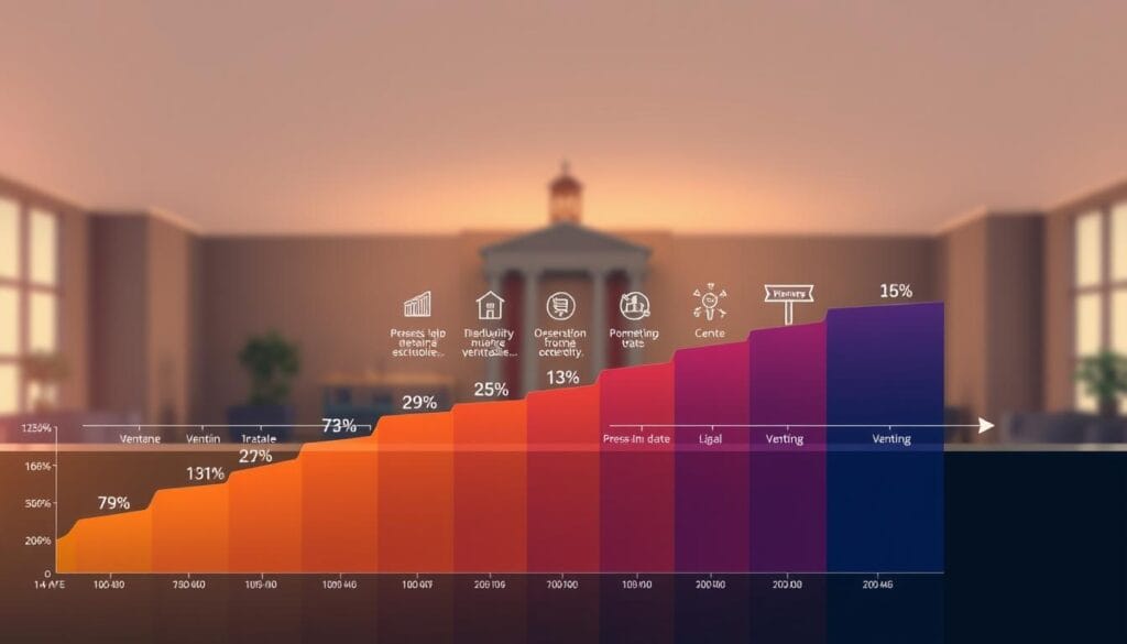 A dynamic illustration of vesting schedules, depicting a clear timeline with incremental stages of benefit accrual. The foreground features a polished chart showcasing percentages of vesting over time, rendered in vibrant, data-driven hues. In the middle ground, sleek icons and infographic elements provide visual context, guiding the viewer's understanding of the vesting process. The background carries a subtle, professional ambiance, with muted tones and a sense of institutional authority, complementing the informative nature of the subject matter. Balanced lighting casts a warm, authoritative glow, while a wide-angle lens captures the comprehensive nature of the vesting schedule visualization.