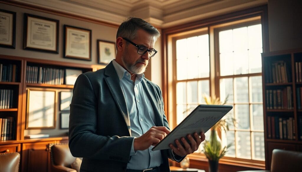 A financial advisor standing in a well-appointed office, contemplating investment charts and graphs on a tablet device. Warm, natural lighting filters through large windows, casting a mellow glow on the hardwood furniture and framed financial certificates lining the walls. In the background, a bookshelf filled with finance and economics texts. The advisor's expression is one of measured thoughtfulness, conveying the gravity and importance of long-term investment strategies. The overall mood is one of professionalism, expertise, and a dedication to responsible financial planning.