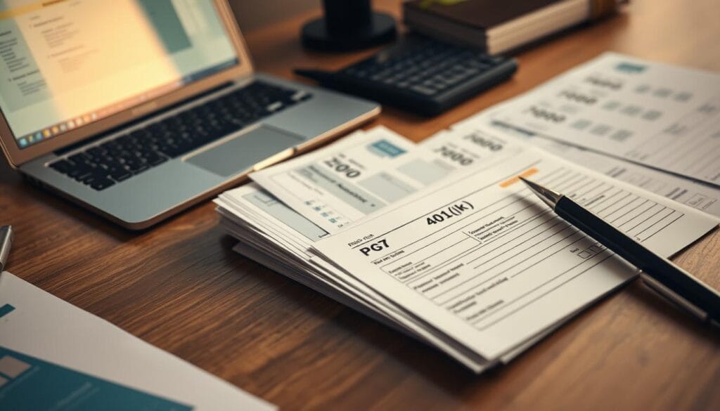 A financial planner's desk, with a laptop, pen, and calculator. On the desk, a stack of pay stubs and a 401(k) contribution form, depicting the workflow from paycheck to investment. The lighting is warm and focused, creating a sense of diligence and attention to detail. The composition emphasizes the connection between the pay stubs and the contribution form, with the laptop and other office items providing context. The overall mood is one of organization, responsibility, and financial planning for the future.
