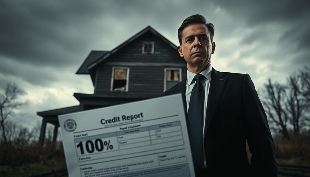 A foreclosure credit score impact image that reflects the subject and section title: A man in a dark suit and tie, his expression tense, stands before a crumbling house with boarded-up windows, set against a gloomy, overcast sky. The house casts a long shadow, symbolic of the looming impact on his credit score. In the foreground, a credit report with a drastically decreased numerical value is partially obscured by the man's silhouette, emphasizing the dramatic drop in his creditworthiness. The scene is captured with a dramatic, low-angle perspective using cinematic lighting, creating a sense of gravity and foreboding. A foreclosure credit score impact image that reflects the subject and section title: A man in a dark suit and tie, his expression tense, stands before a crumbling house with boarded-up windows, set against a gloomy, overcast sky. The house casts a long shadow, symbolic of the looming impact on his credit score. In the foreground, a credit report with a drastically decreased numerical value is partially obscured by the man's silhouette, emphasizing the dramatic drop in his creditworthiness. The scene is captured with a dramatic, low-angle perspective using cinematic lighting, creating a sense of gravity and foreboding.