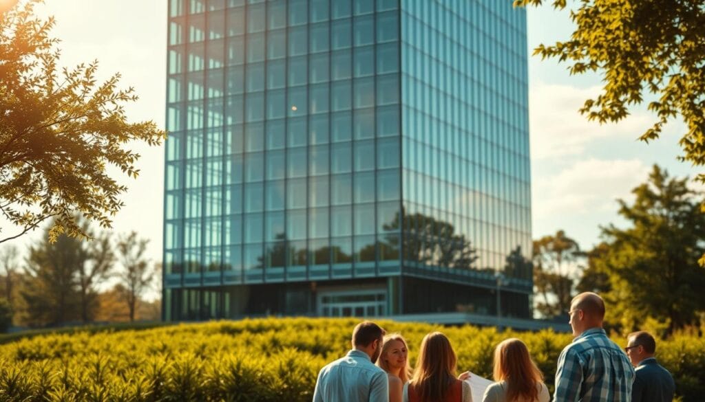 A gleaming glass building stands in the center of the frame, its sleek architecture and reflective surfaces capturing the essence of a Roth IRA - a modern, streamlined retirement investment plan. The building is surrounded by a lush, verdant landscape, conveying a sense of growth, stability, and long-term security. Warm, golden sunlight filters through the windows, casting a serene and inviting glow over the scene. In the foreground, a group of people are gathered, discussing financial plans and strategies, their expressions focused and thoughtful. The overall atmosphere suggests a sense of confidence, control, and careful planning for the future.
