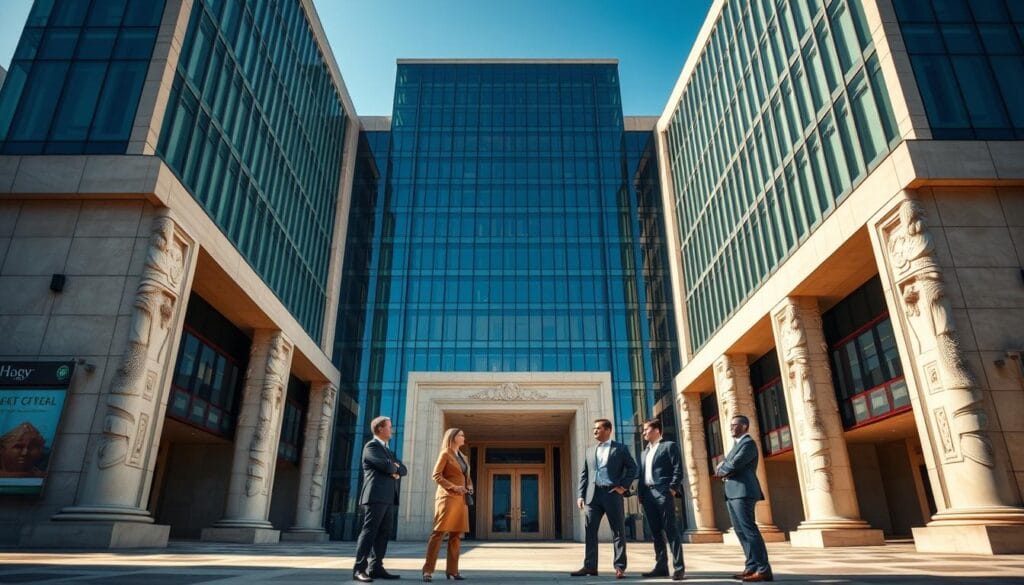 A grand, modern office building with sleek, towering glass facades stands prominently against a clear, azure sky. The entrance is framed by elegant, carved stone columns, conveying a sense of prestige and professionalism. In the foreground, a group of well-dressed individuals, likely executives or financial advisors, are engaged in a lively discussion, their expressions denoting confidence and expertise. The overall scene radiates an atmosphere of wealth, authority, and refined sophistication - the embodiment of a leading wealth management firm. A grand, modern office building with sleek, towering glass facades stands prominently against a clear, azure sky. The entrance is framed by elegant, carved stone columns, conveying a sense of prestige and professionalism. In the foreground, a group of well-dressed individuals, likely executives or financial advisors, are engaged in a lively discussion, their expressions denoting confidence and expertise. The overall scene radiates an atmosphere of wealth, authority, and refined sophistication - the embodiment of a leading wealth management firm.