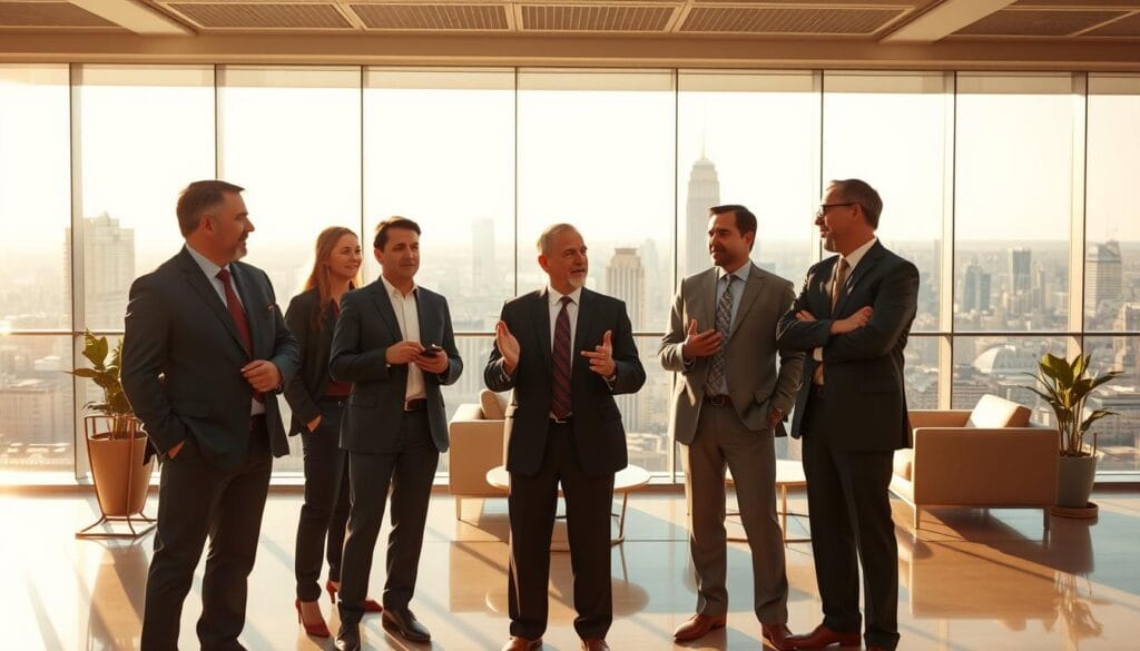 A group of confident, well-dressed independent financial advisors standing in a modern, sunlit office. The advisors are in the foreground, engaged in an animated discussion, gesturing with purpose. The middle ground features a sleek, minimalist office setup with glass walls, sleek furniture, and subtle branding. The background showcases a panoramic view of a bustling cityscape, reflecting the advisors' expertise and the firm's global reach. Warm, natural lighting filters through the windows, creating a sense of professionalism and trustworthiness. The overall scene conveys the benefits of choosing a reputable, independent financial advisory firm like LPL Financial to guide retirees through their investment decisions.