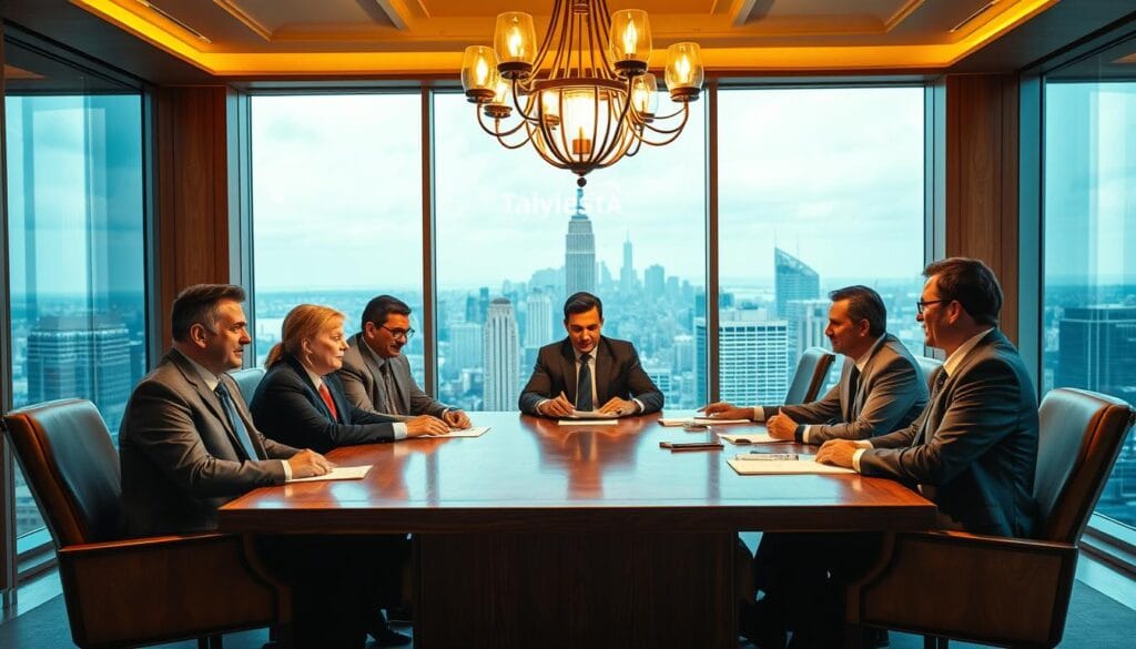 A group of professional fiduciary financial advisors seated around a polished oak conference table, discussing investment strategies under the warm glow of a chandelier. The advisors, dressed in tailored suits, exude an air of expertise and trustworthiness. Behind them, floor-to-ceiling windows offer a panoramic view of a bustling city skyline, symbolizing the breadth of their financial knowledge and the scope of their services. The scene conveys a sense of confidentiality, diligence, and unwavering commitment to their clients' best interests, reflecting the core principles of a fiduciary relationship in financial planning.