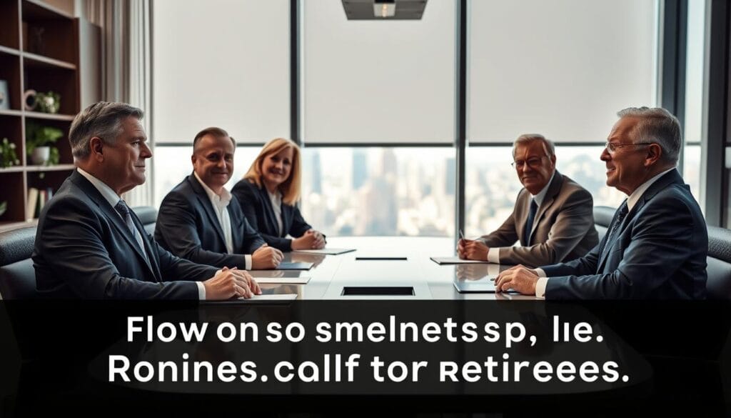 A group of professional financial advisors in a modern office setting, surrounded by tasteful decor and natural lighting. They are seated at a sleek conference table, engaged in a serious discussion, their expressions conveying expertise and trustworthiness. The advisors wear well-tailored suits and project an air of confidence and competence. The background features floor-to-ceiling windows overlooking a cityscape, suggesting a high-end, established firm. The overall mood is one of professionalism, reliability, and a commitment to providing sound financial guidance to retirees.