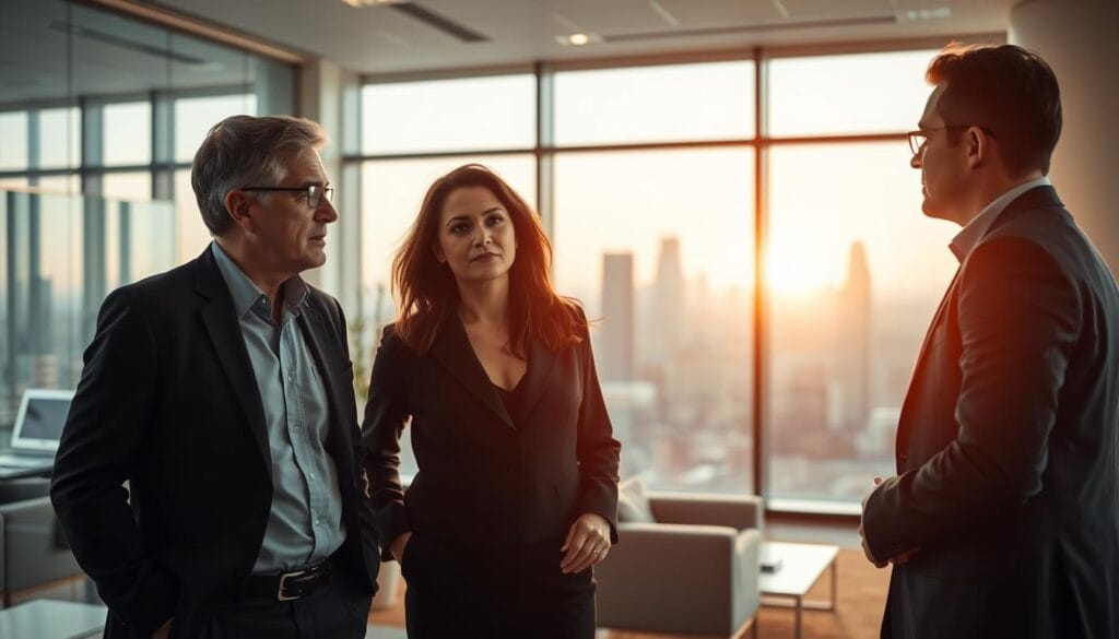 A group of professional wealth management advisors gathered in a modern, airy office. The foreground features three advisors in business attire, engaged in a thoughtful discussion, their expressions conveying expertise and diligence. The middle ground showcases the office interior, with sleek furniture, large windows, and a subtle, upscale ambiance. In the background, a city skyline is visible, suggesting the advisors' connections to the financial hub. The lighting is warm and natural, creating a sense of trust and reliability. The overall composition emphasizes the advisors' focus, knowledge, and commitment to guiding their clients towards financial success.