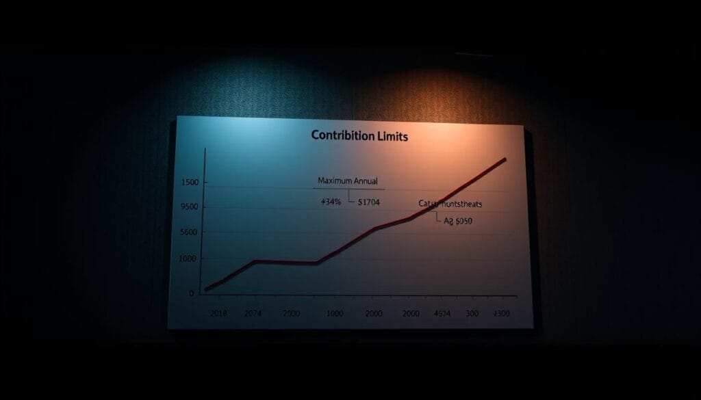 A high-contrast financial graph depicting contribution limits, with a clean and minimalist design. Set against a dimly lit, textured background that evokes a sense of seriousness and importance. The graph should prominently feature key data points, such as maximum annual contributions, catch-up contributions, and age-based thresholds, conveying the core information needed to understand retirement plan contribution limits. Subtle lighting illuminates the graph, directing the viewer's attention to the critical details. An air of professionalism and authority pervades the scene, suitable for inclusion in a financial article on retirement planning.