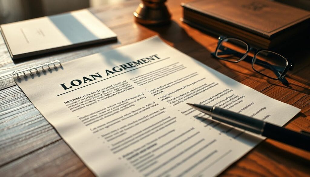 A high-resolution, photorealistic image of a loan agreement document, laid out on a wooden desk with a pen and reading glasses nearby. The document should be prominently displayed, with its terms and conditions clearly visible, conveying a sense of serious, professional deliberation. The lighting should be soft and natural, creating a warm, contemplative atmosphere. The camera angle should be slightly elevated, giving the viewer a sense of authority and importance. The overall composition should be well-balanced and visually compelling, drawing the viewer's attention to the key elements of the loan agreement. A high-resolution, photorealistic image of a loan agreement document, laid out on a wooden desk with a pen and reading glasses nearby. The document should be prominently displayed, with its terms and conditions clearly visible, conveying a sense of serious, professional deliberation. The lighting should be soft and natural, creating a warm, contemplative atmosphere. The camera angle should be slightly elevated, giving the viewer a sense of authority and importance. The overall composition should be well-balanced and visually compelling, drawing the viewer's attention to the key elements of the loan agreement.