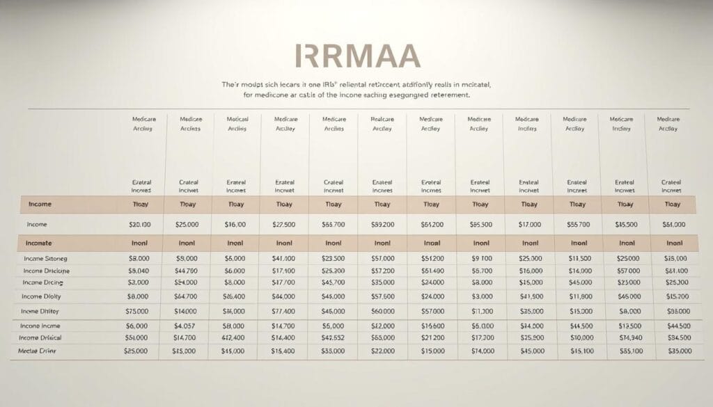 A highly detailed and elegantly rendered data visualization, showcasing the IRMAA (Income-Related Monthly Adjustment Amount) income brackets for Medicare costs in retirement. The visualization features a clean, minimalist design, with crisp lines, muted colors, and carefully chosen typography. The data is presented in a clear, easy-to-understand format, with distinct sections for each income bracket, allowing the viewer to quickly grasp the nuances of the IRMAA system. The overall mood is one of informative clarity, with a subtle touch of sophistication that befits the subject matter. The lighting is soft and even, creating a serene, professional atmosphere, while the camera angle provides a balanced, centered perspective that emphasizes the importance and gravitas of the information displayed. A highly detailed and elegantly rendered data visualization, showcasing the IRMAA (Income-Related Monthly Adjustment Amount) income brackets for Medicare costs in retirement. The visualization features a clean, minimalist design, with crisp lines, muted colors, and carefully chosen typography. The data is presented in a clear, easy-to-understand format, with distinct sections for each income bracket, allowing the viewer to quickly grasp the nuances of the IRMAA system. The overall mood is one of informative clarity, with a subtle touch of sophistication that befits the subject matter. The lighting is soft and even, creating a serene, professional atmosphere, while the camera angle provides a balanced, centered perspective that emphasizes the importance and gravitas of the information displayed.