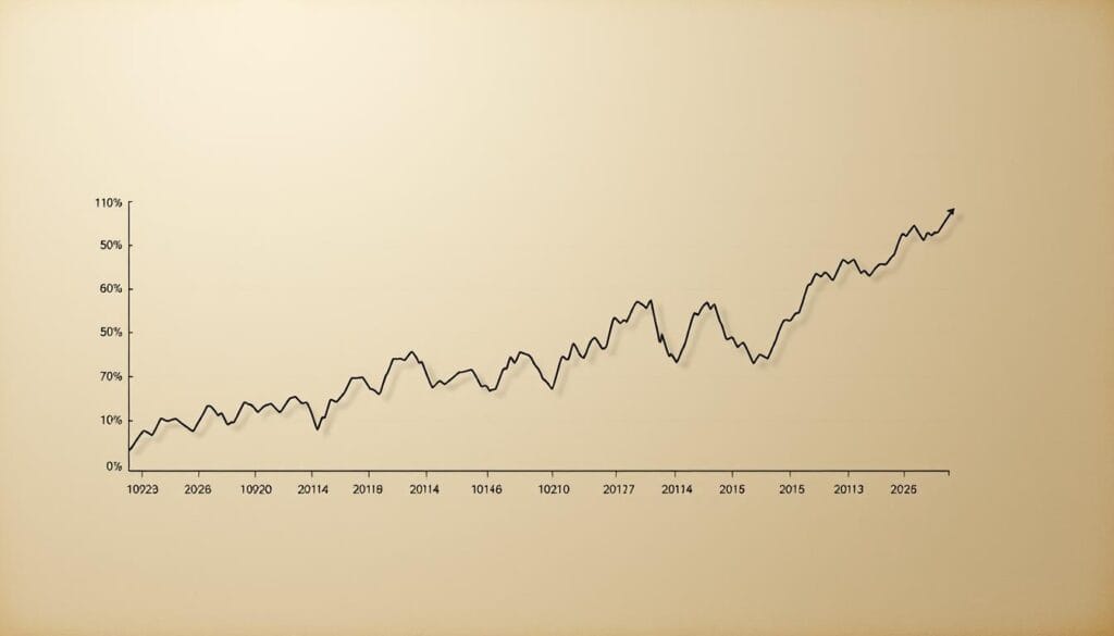 A historical stock market chart rendered in a clean, minimalist style with a muted color palette. The chart displays line graphs representing the performance of major stock indexes over several decades, conveying the overall trends and volatility of long-term investment returns. The background features a subtle, textured surface reminiscent of aged parchment or paper, creating a sense of timelessness. The chart is presented in a front-facing, centered composition with just enough negative space to keep the focus on the data visualization. Soft, diffused lighting from an overhead source casts gentle shadows, adding depth and dimensionality to the scene. A historical stock market chart rendered in a clean, minimalist style with a muted color palette. The chart displays line graphs representing the performance of major stock indexes over several decades, conveying the overall trends and volatility of long-term investment returns. The background features a subtle, textured surface reminiscent of aged parchment or paper, creating a sense of timelessness. The chart is presented in a front-facing, centered composition with just enough negative space to keep the focus on the data visualization. Soft, diffused lighting from an overhead source casts gentle shadows, adding depth and dimensionality to the scene.