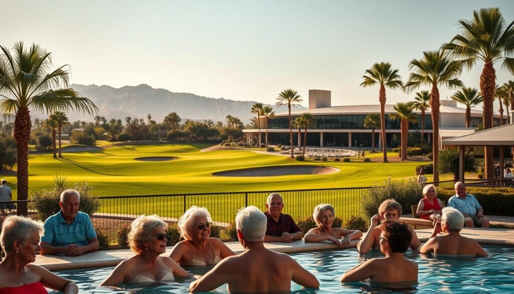 A lively community of retirees enjoying the vibrant amenities of Sun City. In the foreground, seniors relax poolside, soaking up the warm sunshine. In the middle ground, a picturesque golf course winds through verdant fairways. In the background, a modern clubhouse with sleek architecture rises, surrounded by swaying palm trees. Soft, diffused lighting casts a golden glow, conveying a sense of tranquility and leisure. The overall atmosphere evokes an active, yet serene retirement lifestyle, where residents can indulge in a wide range of recreational and social activities. A lively community of retirees enjoying the vibrant amenities of Sun City. In the foreground, seniors relax poolside, soaking up the warm sunshine. In the middle ground, a picturesque golf course winds through verdant fairways. In the background, a modern clubhouse with sleek architecture rises, surrounded by swaying palm trees. Soft, diffused lighting casts a golden glow, conveying a sense of tranquility and leisure. The overall atmosphere evokes an active, yet serene retirement lifestyle, where residents can indulge in a wide range of recreational and social activities.