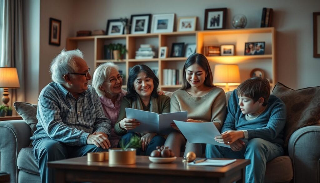 A loving, close-knit family sitting together in a well-lit living room, with soft, warm lighting casting a comforting glow. The grandparents, parents, and children are gathered around a coffee table, engaged in a thoughtful discussion about important legal and financial matters. The expressions on their faces convey a sense of trust, understanding, and mutual care as they navigate the complexities of estate planning. The room is adorned with family photographs, bookshelves, and other personal touches, creating a sense of home and tradition. The overall scene reflects the importance of open communication, collaboration, and preserving family unity during the critical estate planning process. A loving, close-knit family sitting together in a well-lit living room, with soft, warm lighting casting a comforting glow. The grandparents, parents, and children are gathered around a coffee table, engaged in a thoughtful discussion about important legal and financial matters. The expressions on their faces convey a sense of trust, understanding, and mutual care as they navigate the complexities of estate planning. The room is adorned with family photographs, bookshelves, and other personal touches, creating a sense of home and tradition. The overall scene reflects the importance of open communication, collaboration, and preserving family unity during the critical estate planning process.