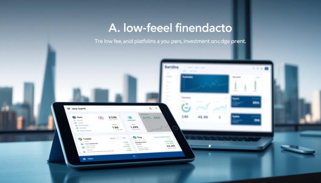 A low-fee financial platform with a sleek, modern interface. A clean, minimalist design in shades of blue and gray, with clean lines and a uncluttered layout. In the foreground, a tablet or mobile device displaying various investment options and account details. In the middle ground, a laptop or desktop computer, showcasing investment research and portfolio management tools. The background features a cityscape with skyscrapers, conveying a sense of financial security and stability. The lighting is soft and natural, creating a calming and professional atmosphere. The overall scene evokes a sense of accessible, affordable, and trustworthy investment management. A low-fee financial platform with a sleek, modern interface. A clean, minimalist design in shades of blue and gray, with clean lines and a uncluttered layout. In the foreground, a tablet or mobile device displaying various investment options and account details. In the middle ground, a laptop or desktop computer, showcasing investment research and portfolio management tools. The background features a cityscape with skyscrapers, conveying a sense of financial security and stability. The lighting is soft and natural, creating a calming and professional atmosphere. The overall scene evokes a sense of accessible, affordable, and trustworthy investment management.