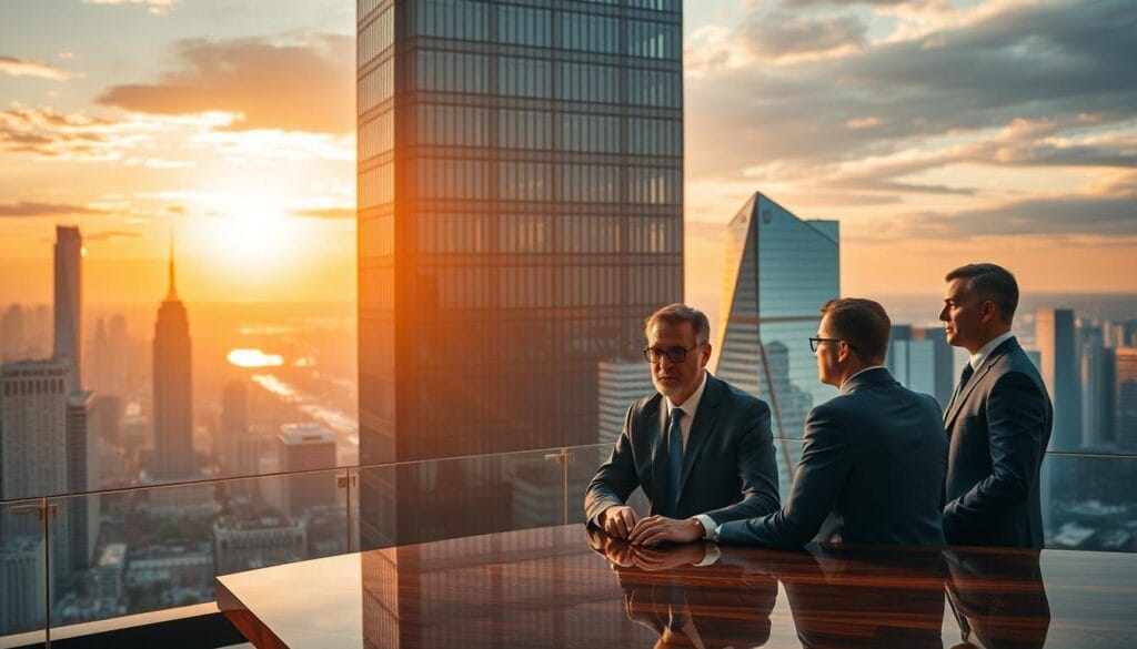 A majestic glass-and-steel high-rise overlooking a bustling city skyline, its façade reflecting the sun's golden rays. In the foreground, a team of financial advisors in tailored suits confer over a mahogany table, their faces exuding a sense of focused expertise. The background showcases a panoramic view of the city, with sleek skyscrapers and the distant hues of a sunset casting a warm, prosperous glow. The scene conveys an atmosphere of wealth, success, and the power of financial management.