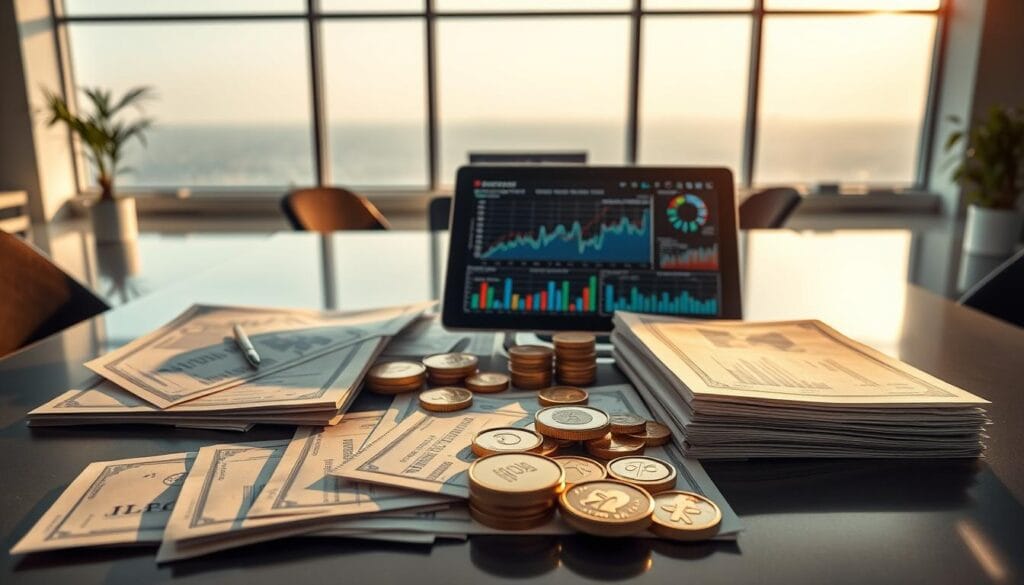 A meticulously arranged investment portfolio, with a diverse array of financial instruments neatly displayed on a sleek, modern desk. The foreground features a range of stock certificates, bonds, and precious metal ingots, their edges highlighted by warm, directional lighting. In the middle ground, a tablet displays interactive charts and graphs, indicating the performance and allocation of the portfolio. The background showcases a serene, minimalist office setting, with large windows allowing natural light to filter in, casting a tranquil ambiance. The overall composition conveys a sense of careful planning, financial security, and a well-balanced, diversified investment strategy. A meticulously arranged investment portfolio, with a diverse array of financial instruments neatly displayed on a sleek, modern desk. The foreground features a range of stock certificates, bonds, and precious metal ingots, their edges highlighted by warm, directional lighting. In the middle ground, a tablet displays interactive charts and graphs, indicating the performance and allocation of the portfolio. The background showcases a serene, minimalist office setting, with large windows allowing natural light to filter in, casting a tranquil ambiance. The overall composition conveys a sense of careful planning, financial security, and a well-balanced, diversified investment strategy.