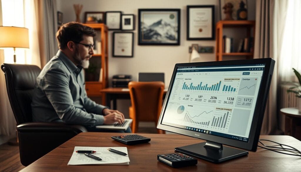 A meticulously crafted financial planning session taking place in a cozy, well-lit home office. In the foreground, a desktop computer displays a spreadsheet with detailed charts and graphs. A pen, calculator, and notepad lie nearby, hinting at the deep focus and diligence required. The middle ground features a stylish desk with wooden accents, complemented by a comfortable leather chair. Shelves in the background hold reference books and framed financial certificates, conveying a sense of expertise and professionalism. Soft, warm lighting creates a contemplative atmosphere, as the investment advisor and client review long-term investment strategies.