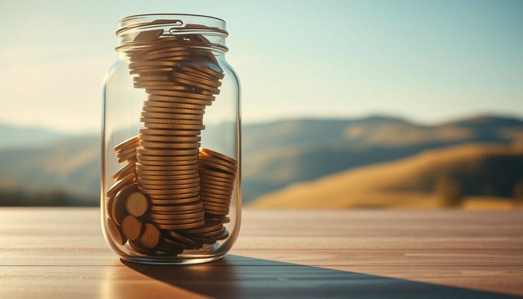 A meticulously crafted glass jar filled with golden coins, illuminated by soft, warm lighting. The coins are stacked in an exponential spiral, each layer larger than the last, symbolizing the growth of compounding interest over time. In the background, a serene landscape of rolling hills and a clear, blue sky, conveying a sense of long-term financial security and stability. The jar is positioned on a sleek, wooden surface, creating a harmonious, minimalist composition that emphasizes the power of consistent, patient saving and investment. A meticulously crafted glass jar filled with golden coins, illuminated by soft, warm lighting. The coins are stacked in an exponential spiral, each layer larger than the last, symbolizing the growth of compounding interest over time. In the background, a serene landscape of rolling hills and a clear, blue sky, conveying a sense of long-term financial security and stability. The jar is positioned on a sleek, wooden surface, creating a harmonious, minimalist composition that emphasizes the power of consistent, patient saving and investment.
