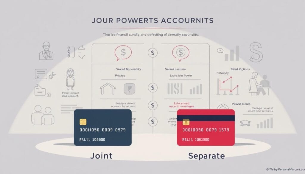 A meticulously designed infographic showcasing the contrasts between joint and separate financial accounts. A minimalist layout with sleek icons and diagrams in muted tones, rendered in a crisp, high-resolution illustration. The foreground depicts two bank cards, one labeled "Joint" and the other "Separate", positioned to visually highlight their differences. The middle ground features detailed graphs and charts comparing key factors like shared responsibility, privacy, and accessibility. The background incorporates subtle, elegant patterns and textures, creating a sense of balance and sophistication. Soft, directional lighting casts subtle shadows, adding depth and dimensionality to the composition. The overall mood is professional, informative, and visually striking, suitable for inclusion in the personal finance article.
