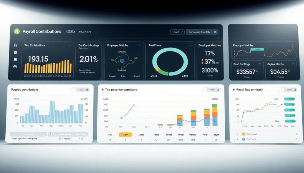 A meticulously designed payroll contributions dashboard, showcasing a clean and intuitive user interface. The foreground features a series of interactive graphs and charts, displaying real-time data on employee contributions, employer matches, and the overall financial health of the 403(b) plan. The middle ground presents a sleek, minimalist layout with clear labels and color-coded sections, making it easy for seniors to navigate and understand the day-to-day workings of their retirement plan. The background is a serene, neutral-toned backdrop, providing a calming and professional atmosphere that enhances the overall user experience. The lighting is soft and diffused, creating a sense of clarity and attention to detail, while the camera angle offers a slightly elevated perspective to convey a sense of authority and trustworthiness. A meticulously designed payroll contributions dashboard, showcasing a clean and intuitive user interface. The foreground features a series of interactive graphs and charts, displaying real-time data on employee contributions, employer matches, and the overall financial health of the 403(b) plan. The middle ground presents a sleek, minimalist layout with clear labels and color-coded sections, making it easy for seniors to navigate and understand the day-to-day workings of their retirement plan. The background is a serene, neutral-toned backdrop, providing a calming and professional atmosphere that enhances the overall user experience. The lighting is soft and diffused, creating a sense of clarity and attention to detail, while the camera angle offers a slightly elevated perspective to convey a sense of authority and trustworthiness.